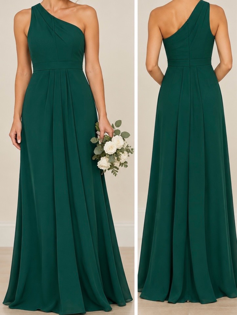 Emerald Green One-Shoulder Chiffon Gown Size 0